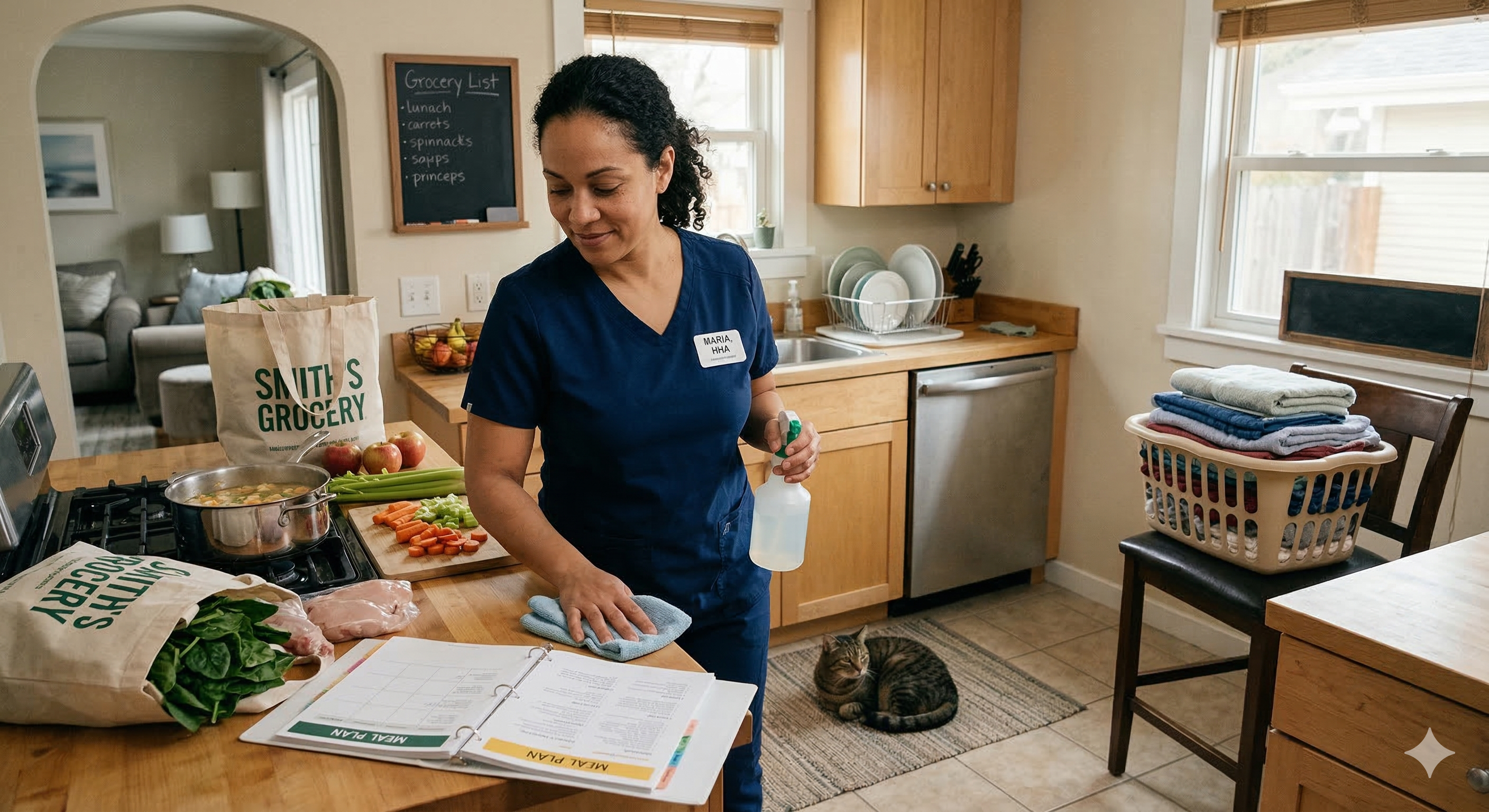 Linda's Care caregiver preparing meals and cleaning in a client's kitchen